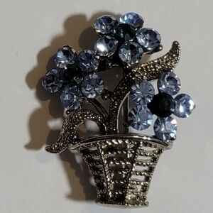 Vintage Blue Rhinestone Flower Basket Brooch Marcasite Style Pin